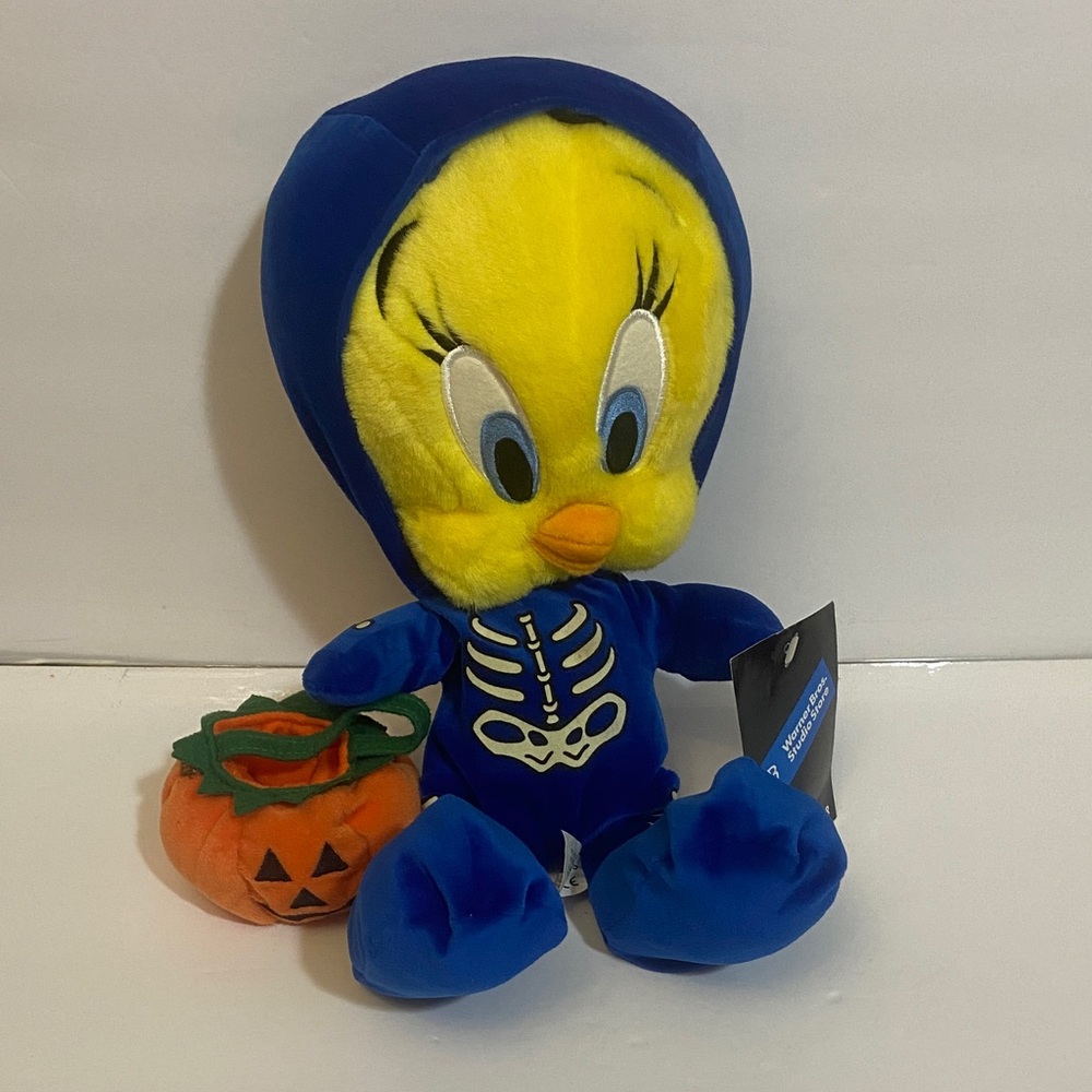 Vintage 1999 Halloween Blue Skeleton Tweety Plush with Pumpkin NWT
